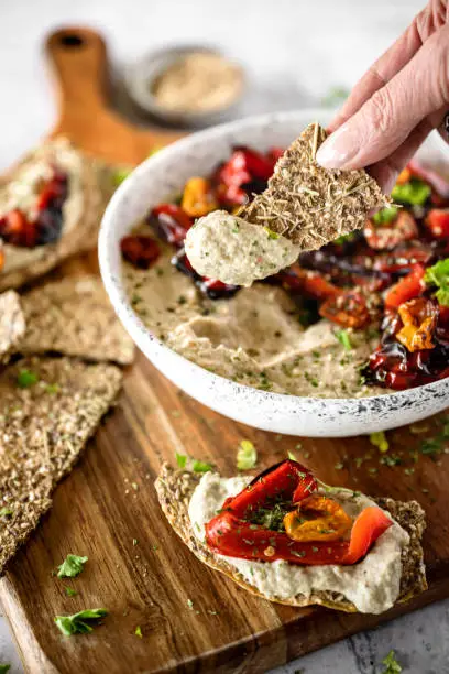 Eggplant hummus served with crackers, Quebec, Canada