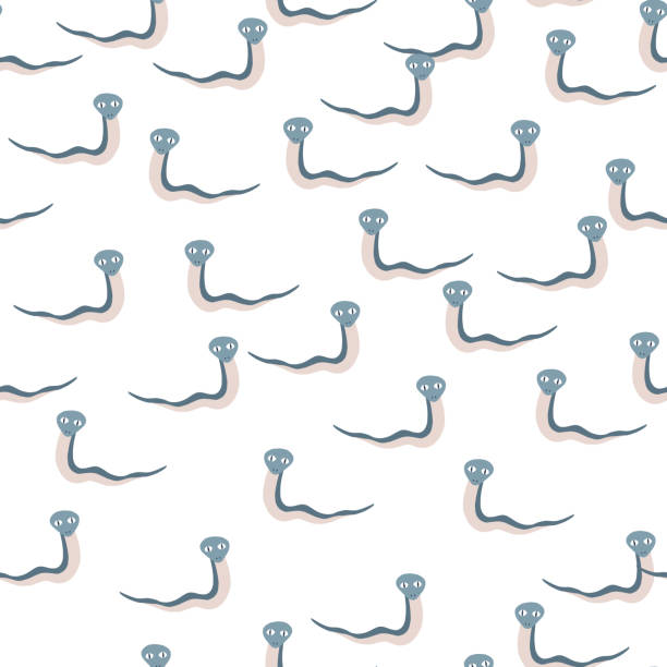 wildlife nahtloses doodle-muster mit kleinen blauen isolierten schlangen silhouetten. weißer hintergrund. einfacher stil. - wrapping gift christmas wrapping paper stock-grafiken, -clipart, -cartoons und -symbole