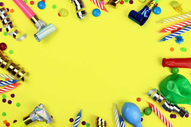 istock Birthday holiday background, decor on a yellow background. A festive mockup. 1327997455