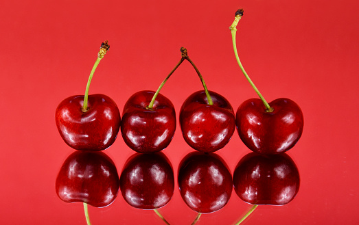 Sweet cherry fruit berries photo images. Ripe cherries reflection images