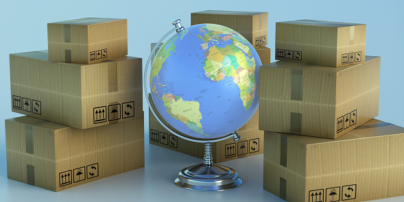 Globe School planet Earth and moving boxes. Moving global business. Woldwide international relocation services concept. 3d illustration. 3d illustration