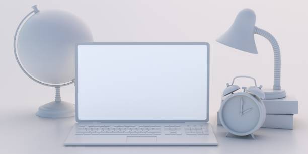 istock Student desk, empty display laptop, lamp books and alarm clock, white background, copy space. 3d illustration 1328006026