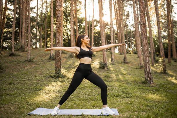 istock Young attractive woman practicing yoga, standing in Warrior one exercise, Virabhadrasana II pose, working out, wearing sportswear 1328008564