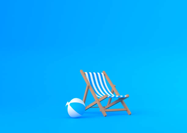 cadeiras de convés listradas e bola de praia em um fundo azul - chair beach chaise longue isolated - fotografias e filmes do acervo