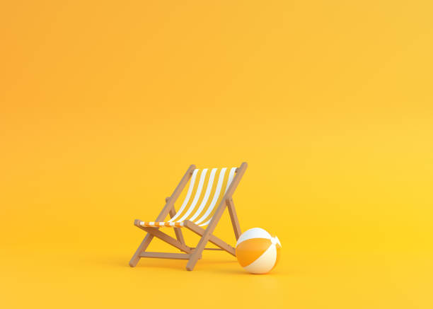 Striped deck chair and beach ball on a yellow background Striped deck chair and beach ball on a yellow background. oncept of summer vacation or holiday on the beach. 3d rendering, 3d illustration sunshade stock pictures, royalty-free photos & images