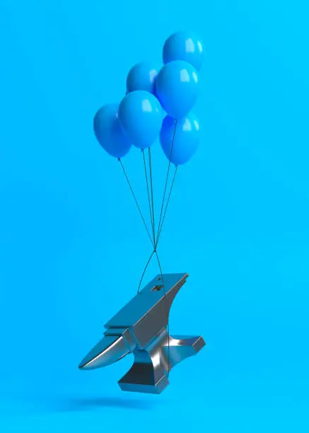 Flying anvil with balloons on blue background. Minimal creative concept. 3D render, 3D illustration