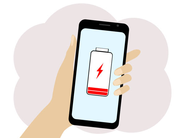 Hand with a mobile phone. The phone has a low battery symbol. Vector drawing of a hand with a mobile phone. The phone has a low battery symbol in red. cartoon of the mobile phone charger stock illustrations