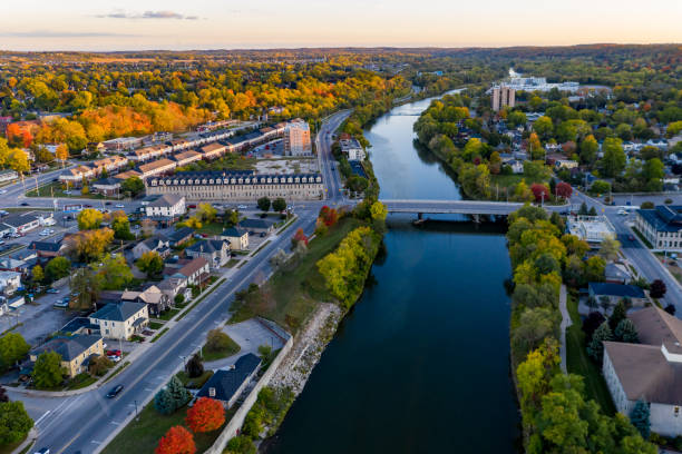 aerial cityscape a cambridge, ontario, canada - church dawn christianity bird foto e immagini stock