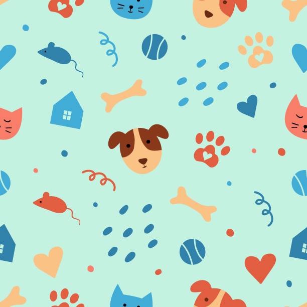 stockillustraties, clipart, cartoons en iconen met seamless pattern with cute pets on a blue background - dierendag