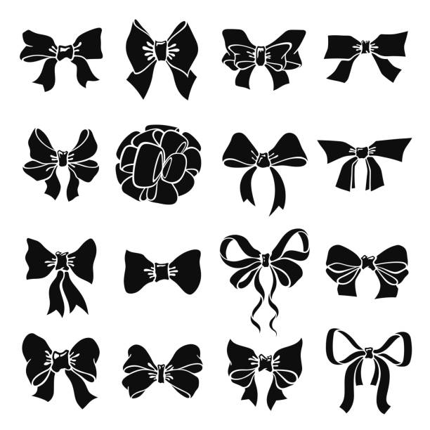 Collection of holiday bow monochrome icon vector illustration. Set of ribbon gift black logo Collection of holiday bow monochrome icon vector illustration. Set of ribbon gift black logo isolated on white. Festive package knot various shape for congratulations surprise, birthday, anniversary gift silhouettes stock illustrations