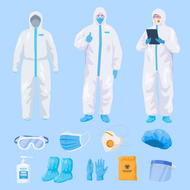 Collection protective equipment for medical staff vector flat scrub clinic staff in personal uniform Collection protective equipment for medical staff vector flat illustration. Set scrub clinic staff in personal uniform or protection suit isolated. Coronavirus prevention, virus safety jumpsuit wear protective workwear stock illustrations