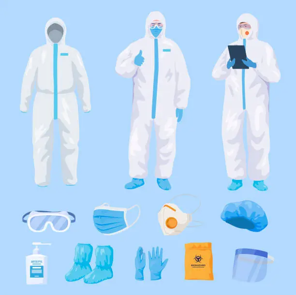 Vector illustration of Collection protective equipment for medical staff vector flat scrub clinic staff in personal uniform