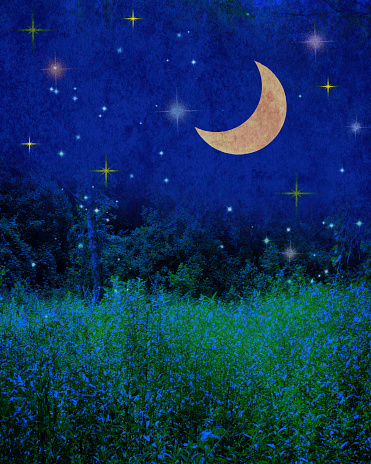 Fantasy Night Sky with Crescent Moon and Stars - Atmospheric Mood.  Elements of this image furnished by NASA - URL: Elements of this image furnished by NASA - URL: https://www.nasa.gov/sites/default/files/thumbnails/image/pia00405orig.jpg