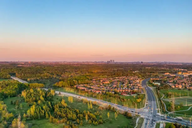 Photo of Aerial view of Residential Distratic at Major MacKenzie Dr. and Islinton Ave., detached and duplex house at Woodbridge and Kleinburg, Vaughan, Canada