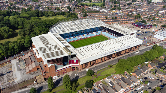 Birmingham, England - 08 July 2021: Aerial view of Villa Park stadium, home of Aston Villa Football Club. Villa Park is a 42,000 seat stadium.