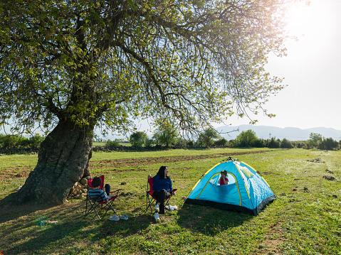 Mother and children camping in nature ın summer time. A blue tent is seen under a large tree. Woman and son is sitting on camping chair while daughter is in tent. Shot in outdoor with a middle format camera.