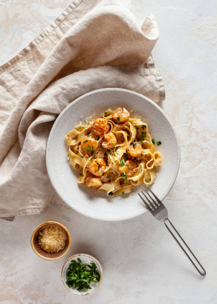 Fettuccine with shrimps stock photo
