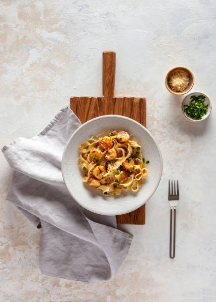Fettuccine with shrimps stock photo