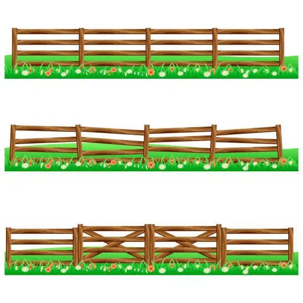 Vector illustration of Set of farm wooden fences isolated on white background