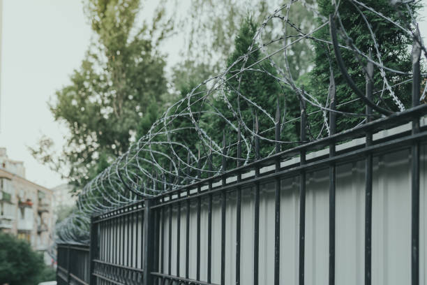istock the protected area is fenced with barbed wire 1328027727