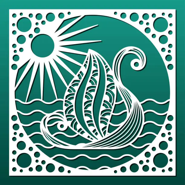 Vector illustration of Laser cut panel. Cnc cutting stencil for home decor, wall hanging, paper art, decorative tile. Sea waves and boat. Vector illustration