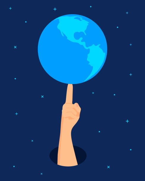 A hand in space touches the earth. The earth is spinning on a forefinger on the background of the space. finger spinning globe stock illustrations