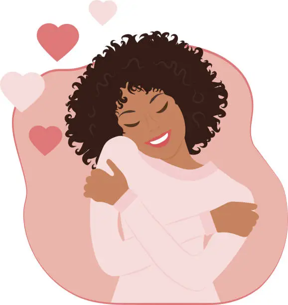 Vector illustration of Self love. Black woman hugging herself.