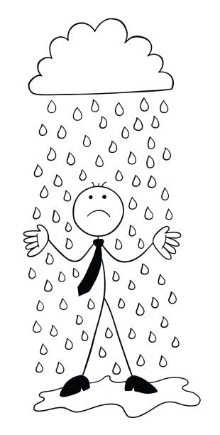ilustrações de stock, clip art, desenhos animados e ícones de it's raining, stickman businessman character getting wet and unhappy, vector cartoon illustration - protection umbrella people stick figure