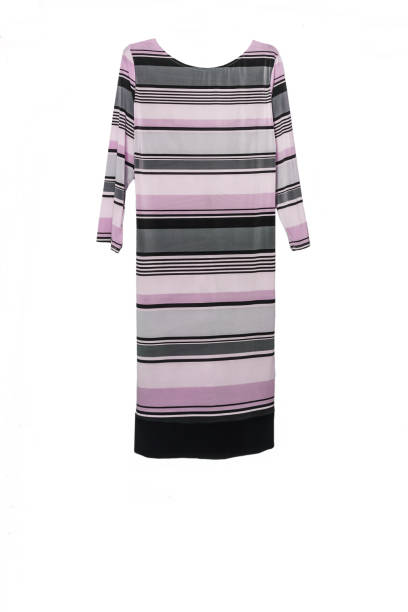 istock Elegant midi dress with abstract geometric colored striped pattern, isolated on white background. Photo on the crossbar and shoulders-hangenrs 1328037407