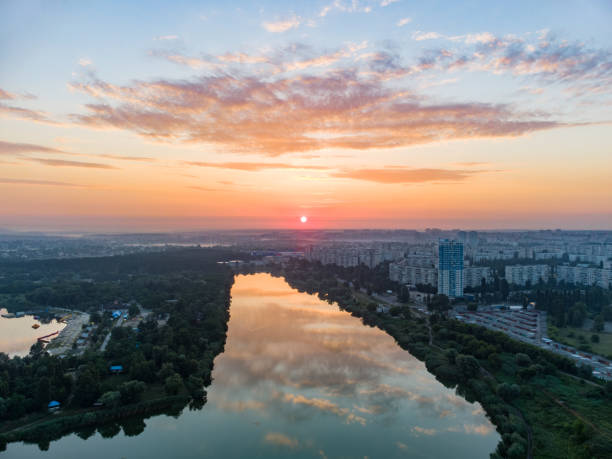 istock Aerial scenic sunrise with clouds on wide river 1328040662