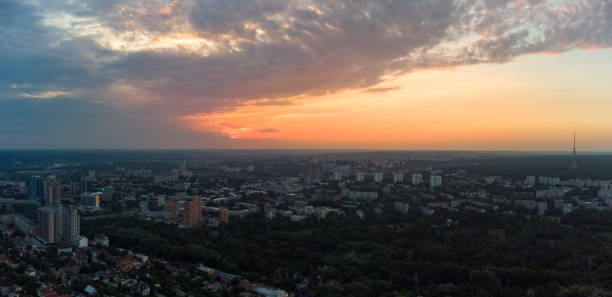 Aerial view sunset summer Sarzhyn Yar Kharkiv city