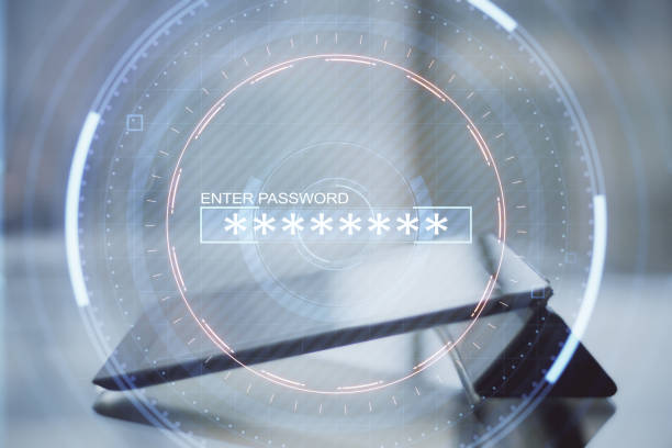 istock Close up of tablet on blurry desktop background with abstract digital round interface. Verification and technology concept. Double exposure. 1328041529