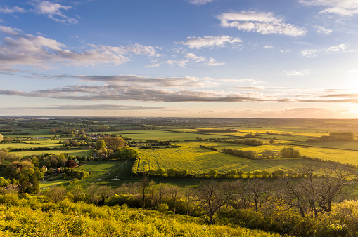 A view of Ashford in Kent (shown in the distance) taken from up on the North Downs near the villages of Brook and Wye. Brook is visible in this image. Taken in May when the oil seed rape fields were bright yellow