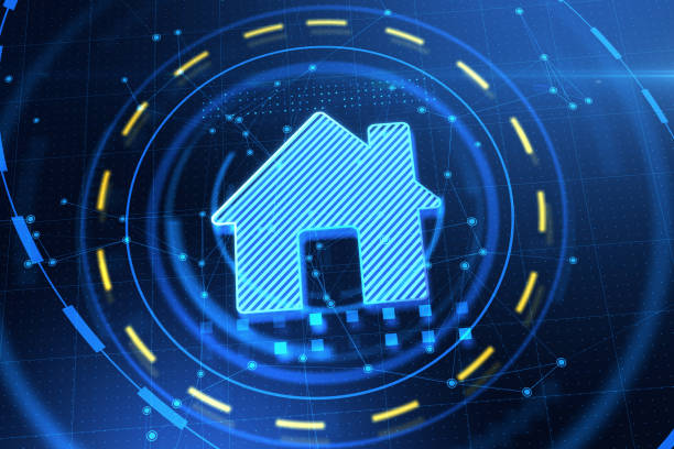 istock Abstract glowing house icon on blue landing page backdrop. Smart home and innovation concept. 3D Rendering. 1328042012