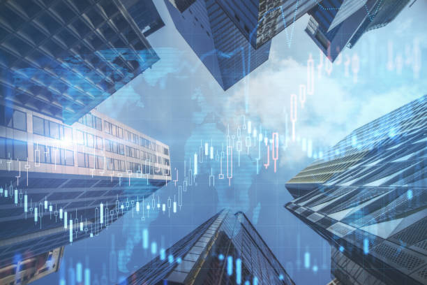 istock Bottom view of creative night city backdrop with glowing forex graph and skyline. Market growth and stock concept. Double exposure. 1328042036