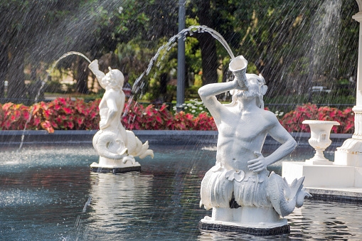 Close-up of water spurting from the nymph in the 1858 Lienard creatioin in Forsyth Park, Savannah, Georgia.