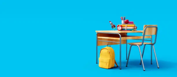 School desk with school accessory and yellow backpack on blue background 3D Rendering, 3D Illustration