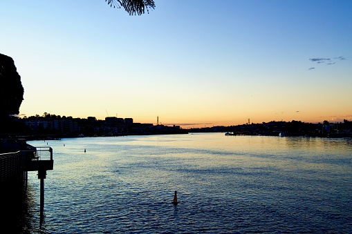 Tranquil sunset on the Brisbane River flanking Teneriffe and Hawthorne