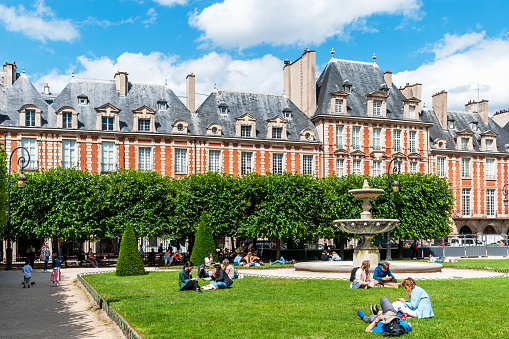 The Place des Vosges is one of the oldest squares in Paris, in the Marais district. Paris in France, July 6, 2021.