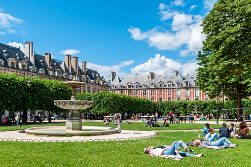 The Place des Vosges is one of the oldest squares in Paris, in the Marais district. Paris in France, July 6, 2021.
