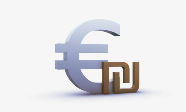 símbolos del euro y del shekel israelí aislados sobre fondo blanco - ils fotografías e imágenes de stock