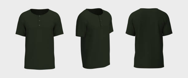 istock Blank short-sleeve henley t-shirt mockup. Front, back and side views 1328048125
