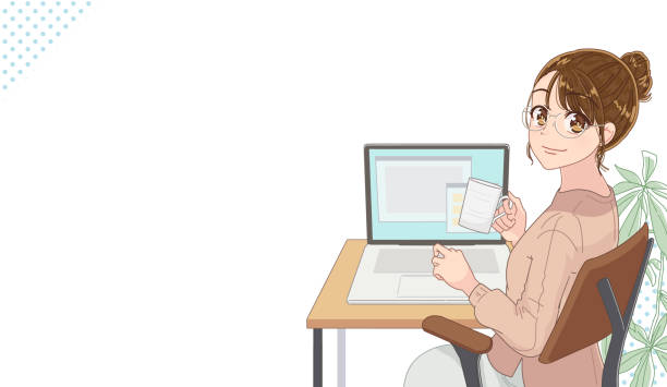 a young woman is at her desk using a computer. - 網頁設計員 幅插畫檔、美工圖案、卡通及圖標