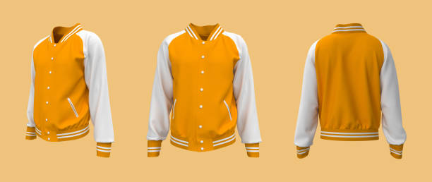 maqueta de chaqueta varsity en las vistas frontal, lateral y trasera - chaqueta letterman fotografías e imágenes de stock
