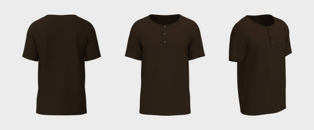 istock Blank short-sleeve henley t-shirt mockup. Front, back and side views 1328052381