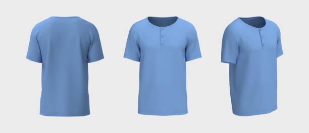 istock Blank short-sleeve henley t-shirt mockup. Front, back and side views 1328052417