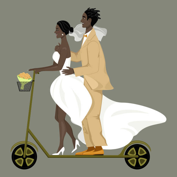 bride and groom4 isolated image of happy newlyweds riding a scooter, on gray background african bride and groom stock illustrations