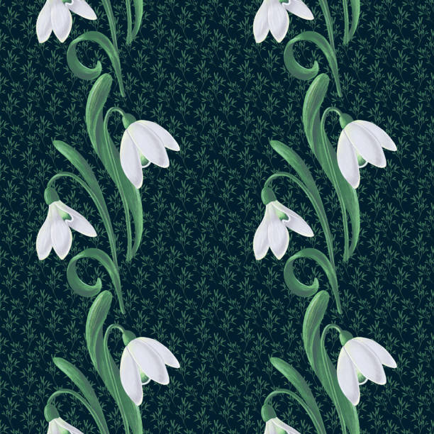 istock Seamless hand-drawn pattern with snowdrops in white and green on a dark green background. 1328062312