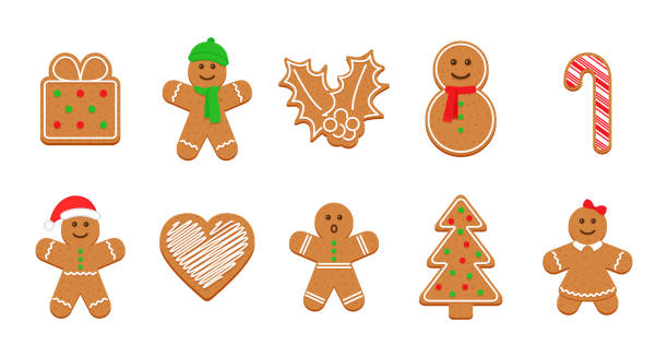 Christmas Gingerbread cookies. Xmas frosting biscuits. Vector illustration. Gingerbread Christmas cookies. Xmas cute biscuits. Classic ginger bread men, tree, gift, holly, snowman and heart. Noel holiday sweet dessert isolated on white background. Vector illustration. homemade gift boxes stock illustrations