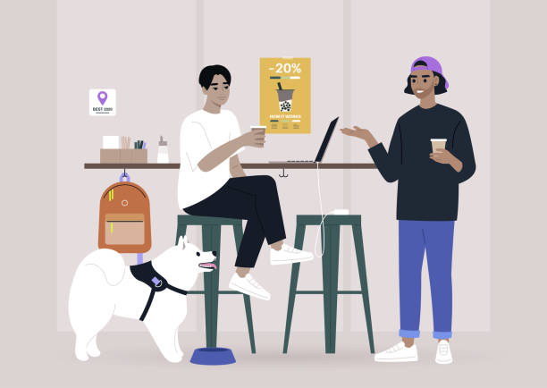 stockillustraties, clipart, cartoons en iconen met two millennials chatting at the coffee shop bar counter, a dog-friendly place - stellen van hetzelfde geslacht